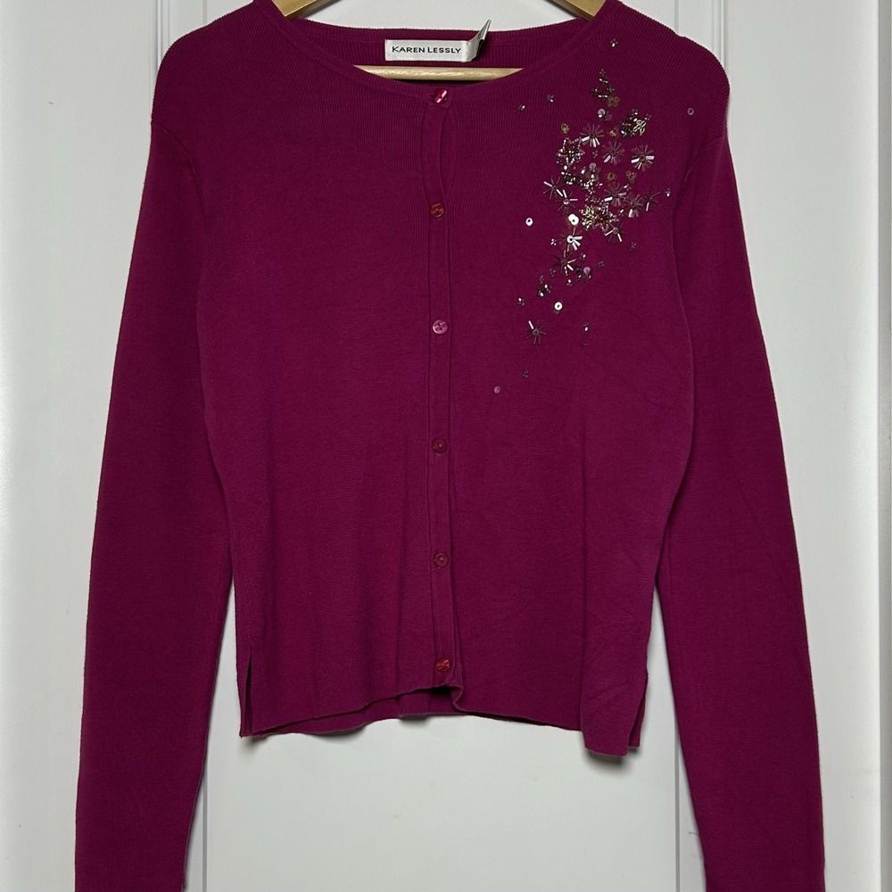 Karen Lessly Vintage 90s Cotton Blend Magenta Sequin Beaded Embellished Cardigan